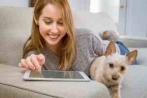 junge Frau mit Hund surft im Internet