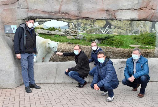 SPD Landtagsabgeordnete Dirk Stamer, Jochen Schulte, Rainer Albrecht, Julian Barlen und Ralf Mucha vor dem Eisbärengehege im Zoo